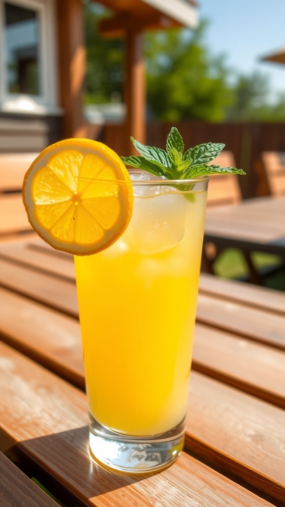 A glass of refreshing lemonade with lemon slice and mint, on a sunny table.